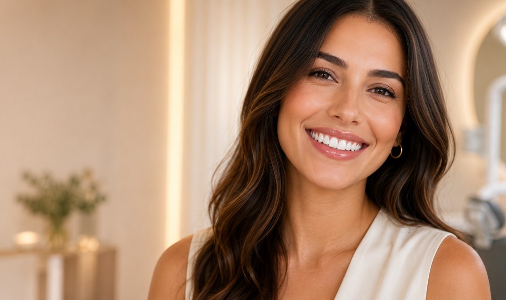 Smiling woman with a natural smile in a modern dental clinic