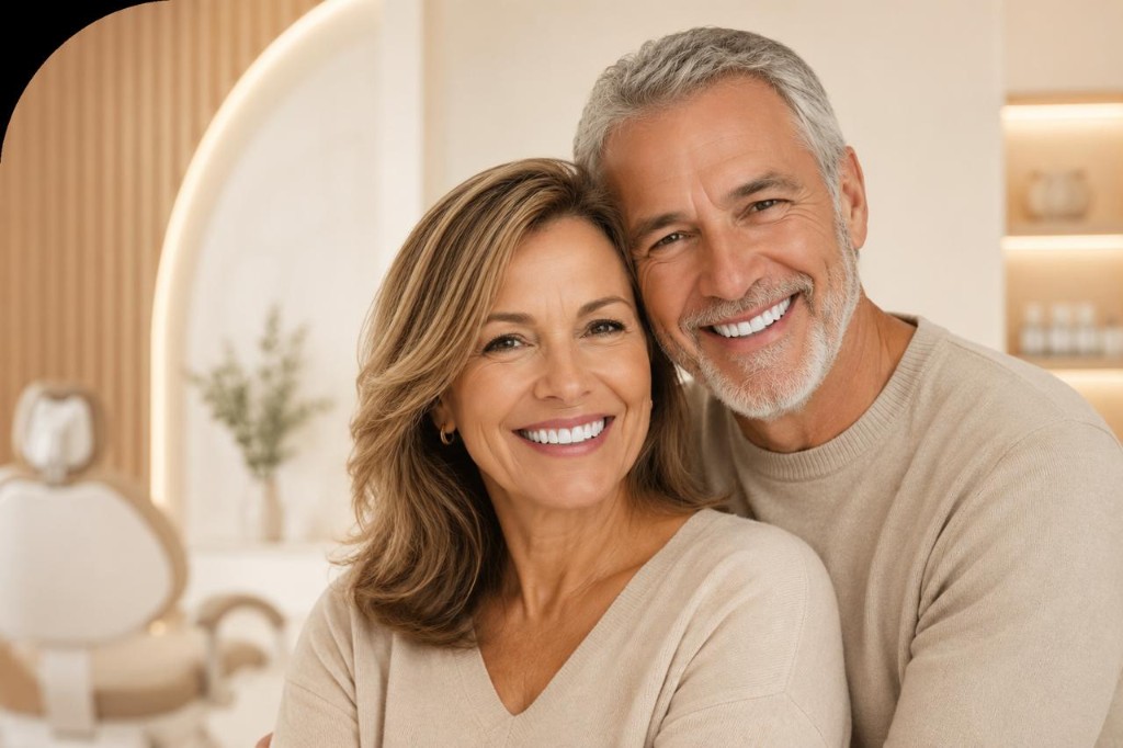 Couple smiling with dental implants in a clinic